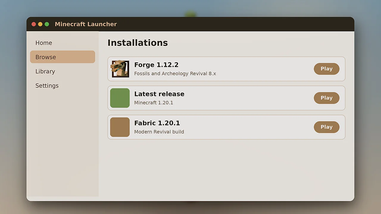 Minecraft launcher installations list with a Forge 1.12.2 profile selected for Fossils and Archeology