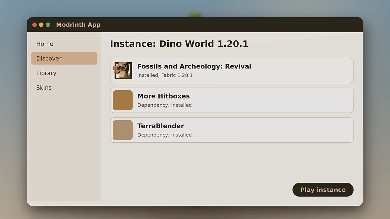 Modrinth App instance showing Fossils and Archeology Revival with its dependencies installed