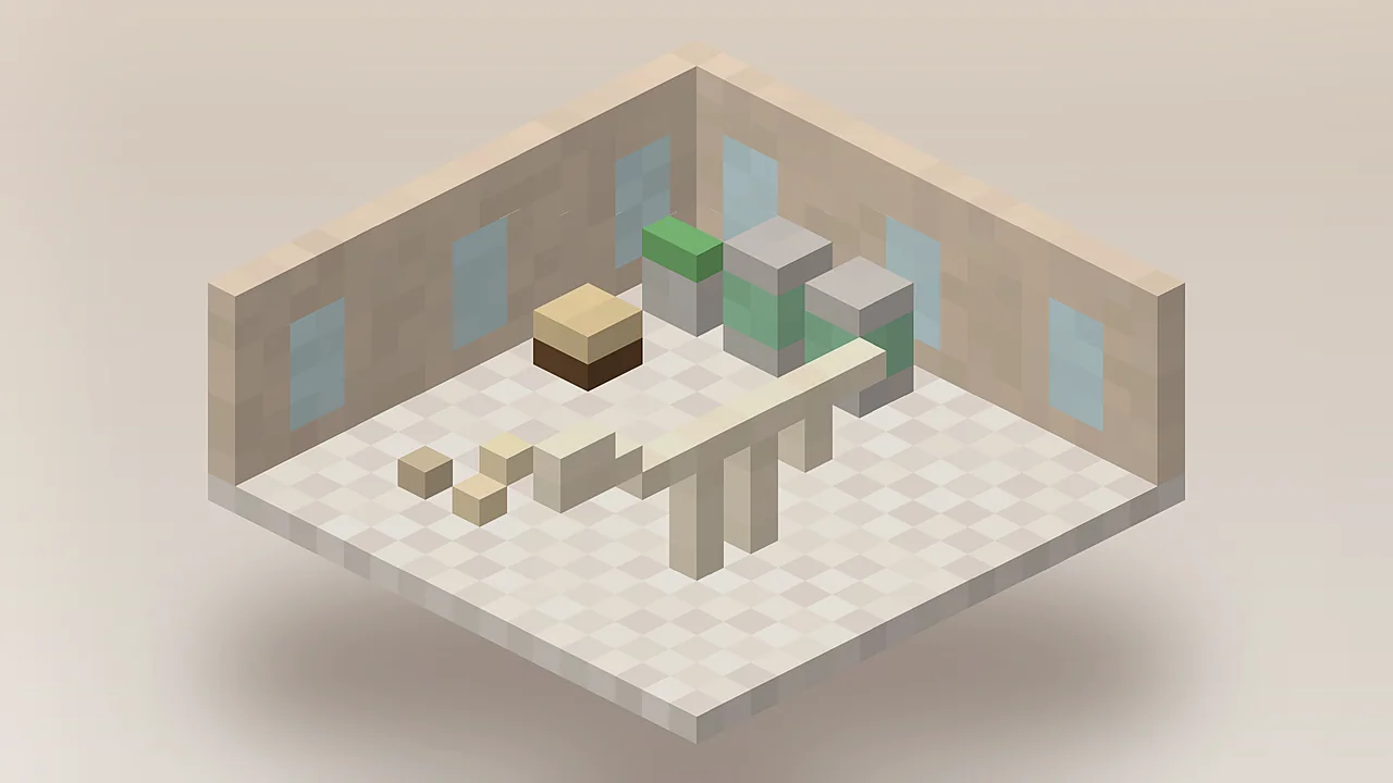 Minecraft laboratory with an Analyzer, two Culture Vats, a Sifter and a mounted dinosaur skeleton