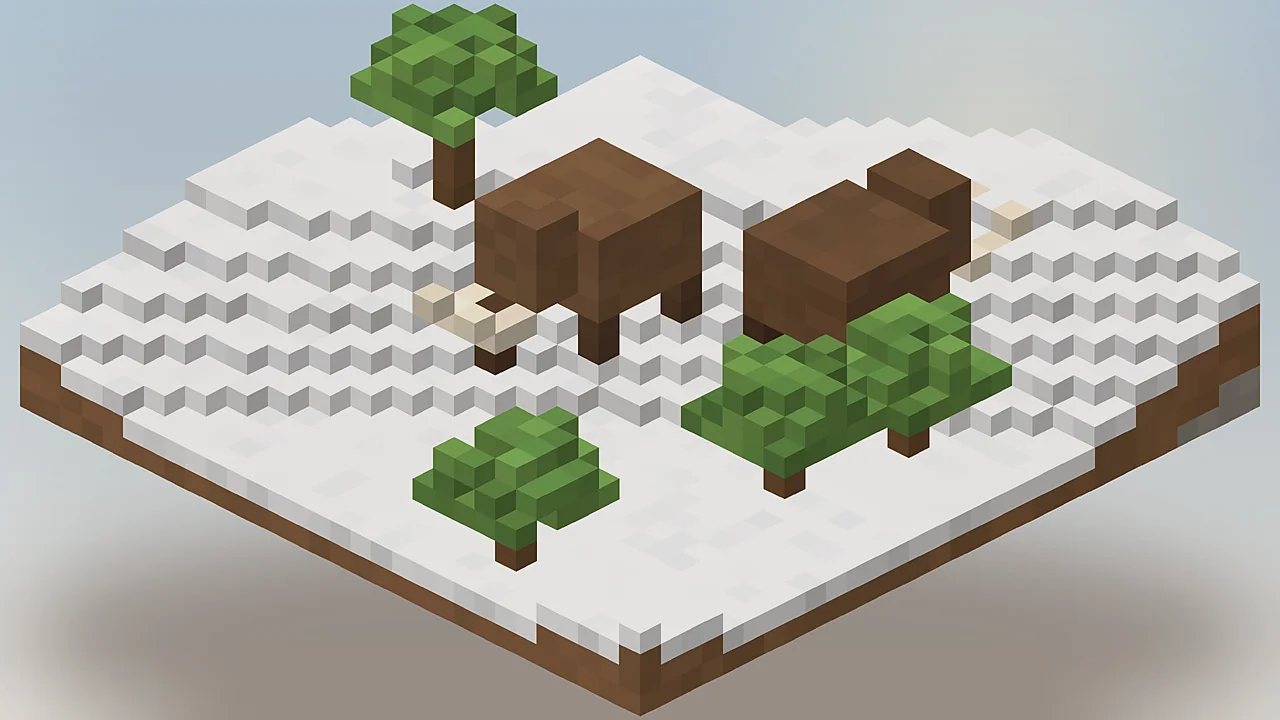 Two woolly mammoths walking across a snowy Minecraft biome