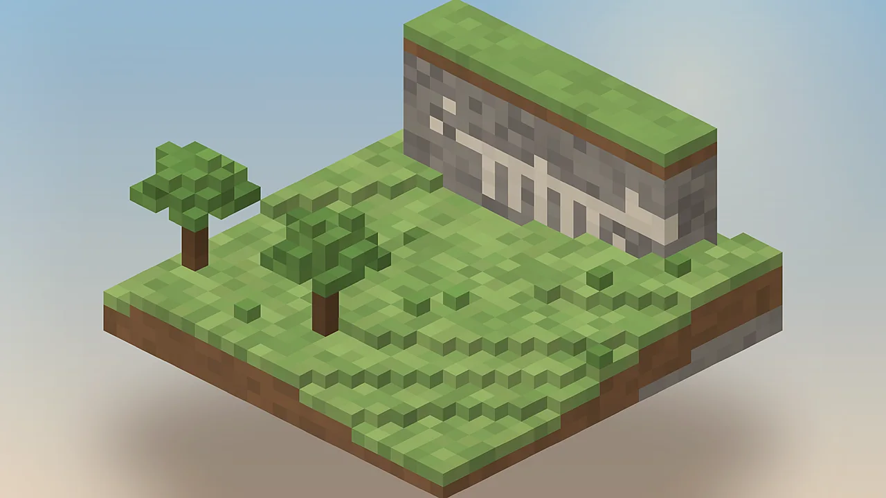 Minecraft stone cliff with an embedded dinosaur skeleton from the Fossils and Archeology Mod