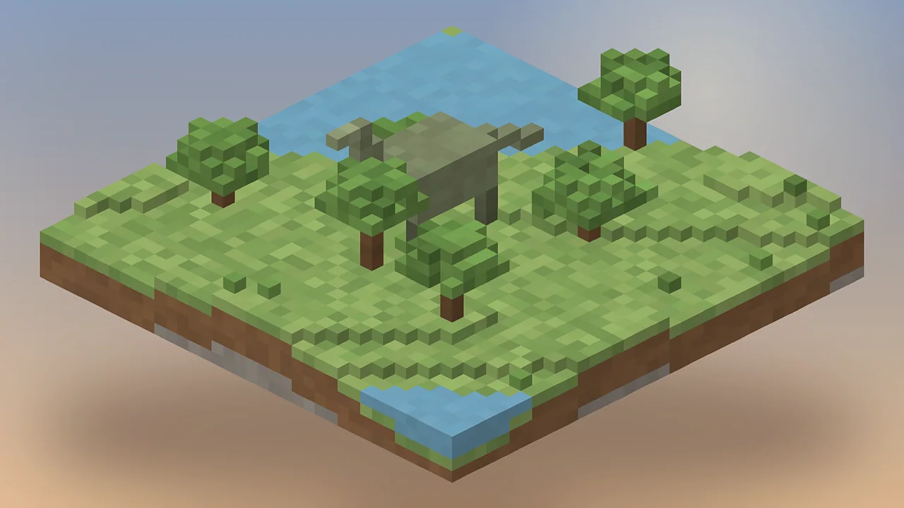 Sauropod dinosaur standing by a lake in Minecraft